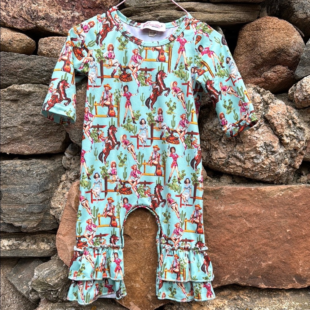 Cute Baby One-piece Bodysuit.  Cowgirl western scene print. Stretchy. Snaps.